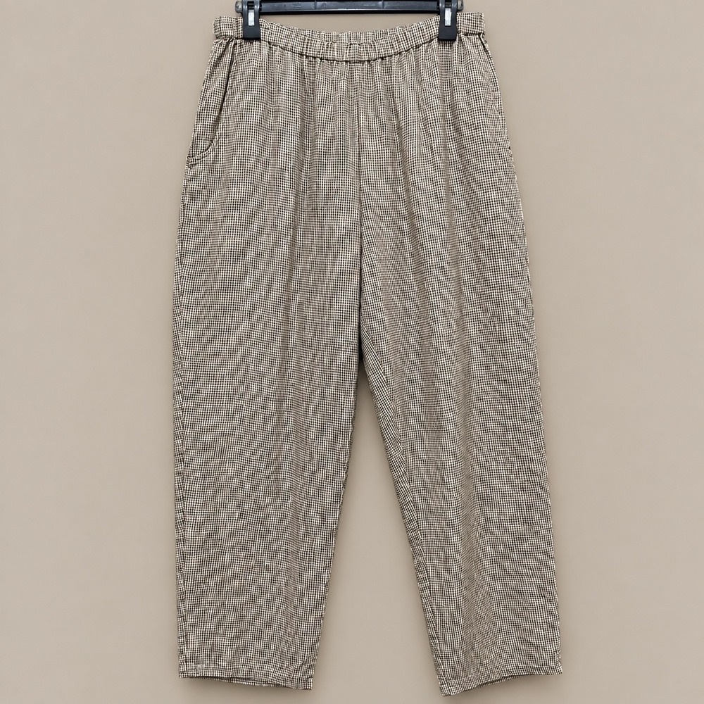 FLAX Linen Pants Womens Medium Brown Check Excellent Elastic Waist Lagenlook